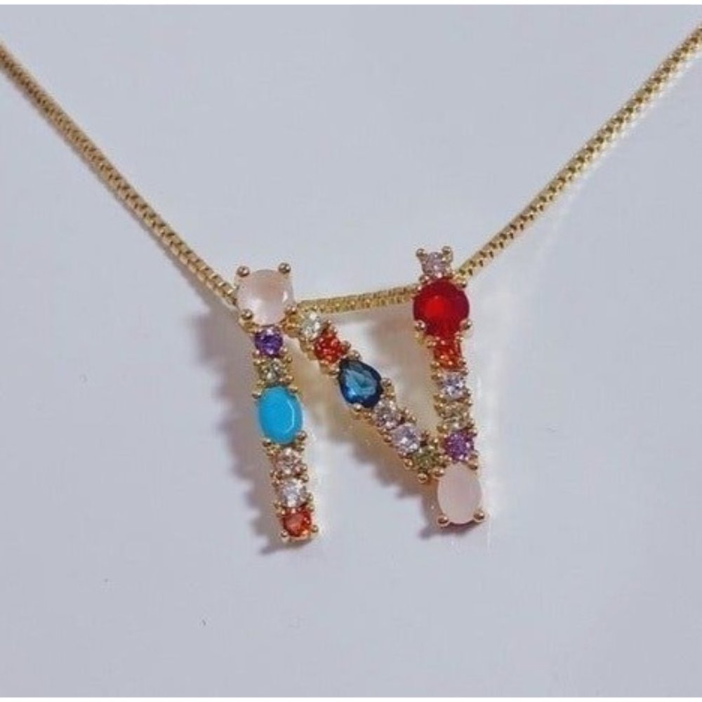 *50% OFF! N initial necklace multi stone jewels monogram personalized gold